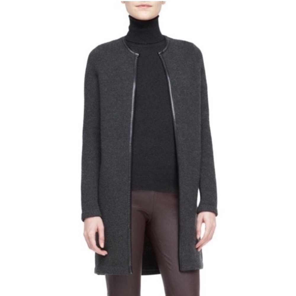 Ralph Lauren Black Label Nancy Long Cashmere Cardigan Gray Leather Trim Medium M